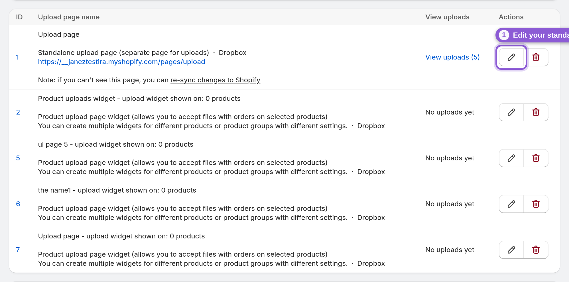 Open your standalone upload page — s-button[href*="uploadPage/edit"] highlighted