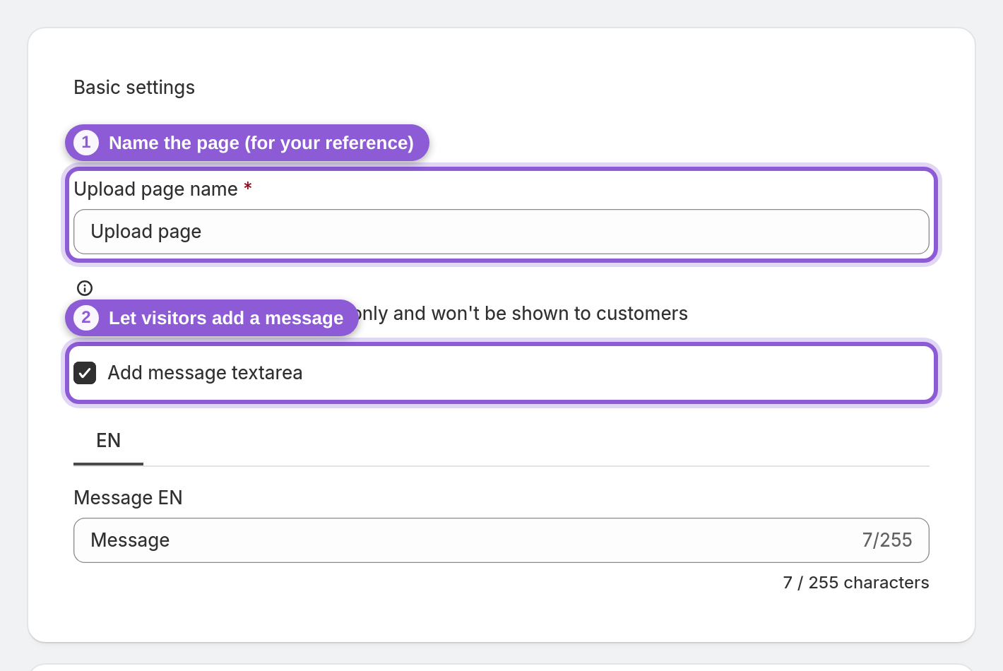 Name the page and turn on a message field — #upload_page_name, #upload_page_shopifyMessage highlighted