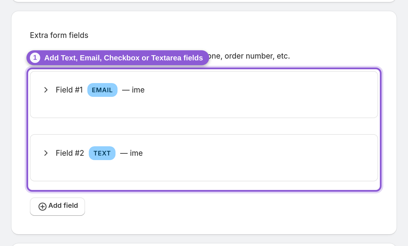 Add your own form fields — #section-extra-fields highlighted