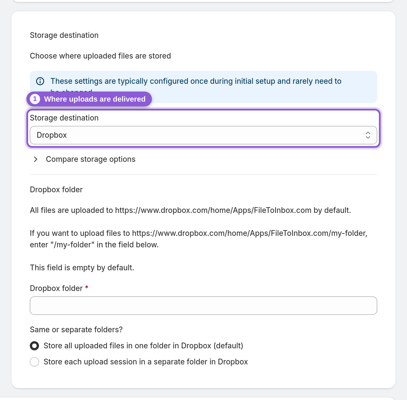Choose where the files land — #upload_page_storageProvider highlighted