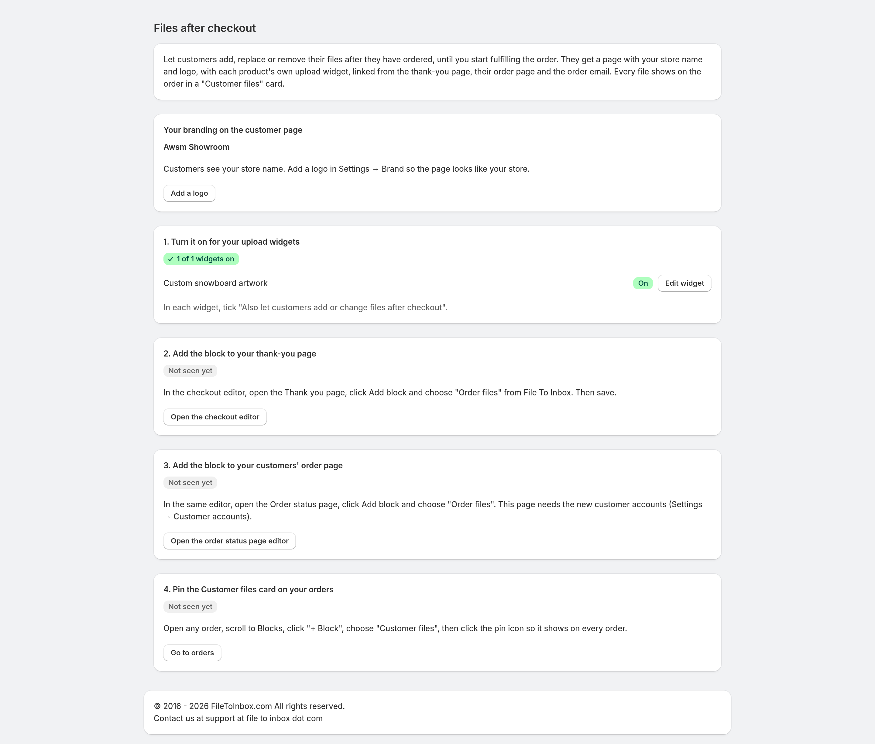 The Files after checkout setup page in File To Inbox with the branding preview and the block checklist