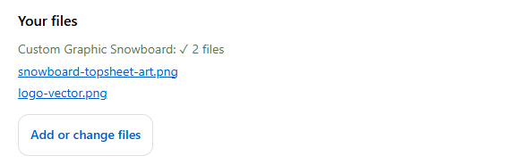 The Order files block on the Shopify order page listing a product's uploaded files with an Add or change files button