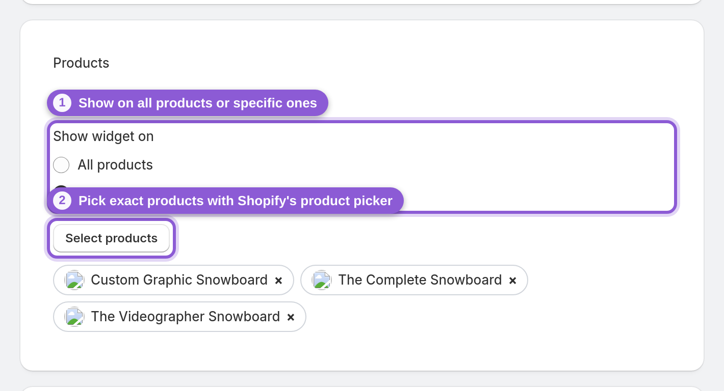 Install the app and add an upload widget to your products — #upload_page_productSelectionMode, #select-products-btn highlighted