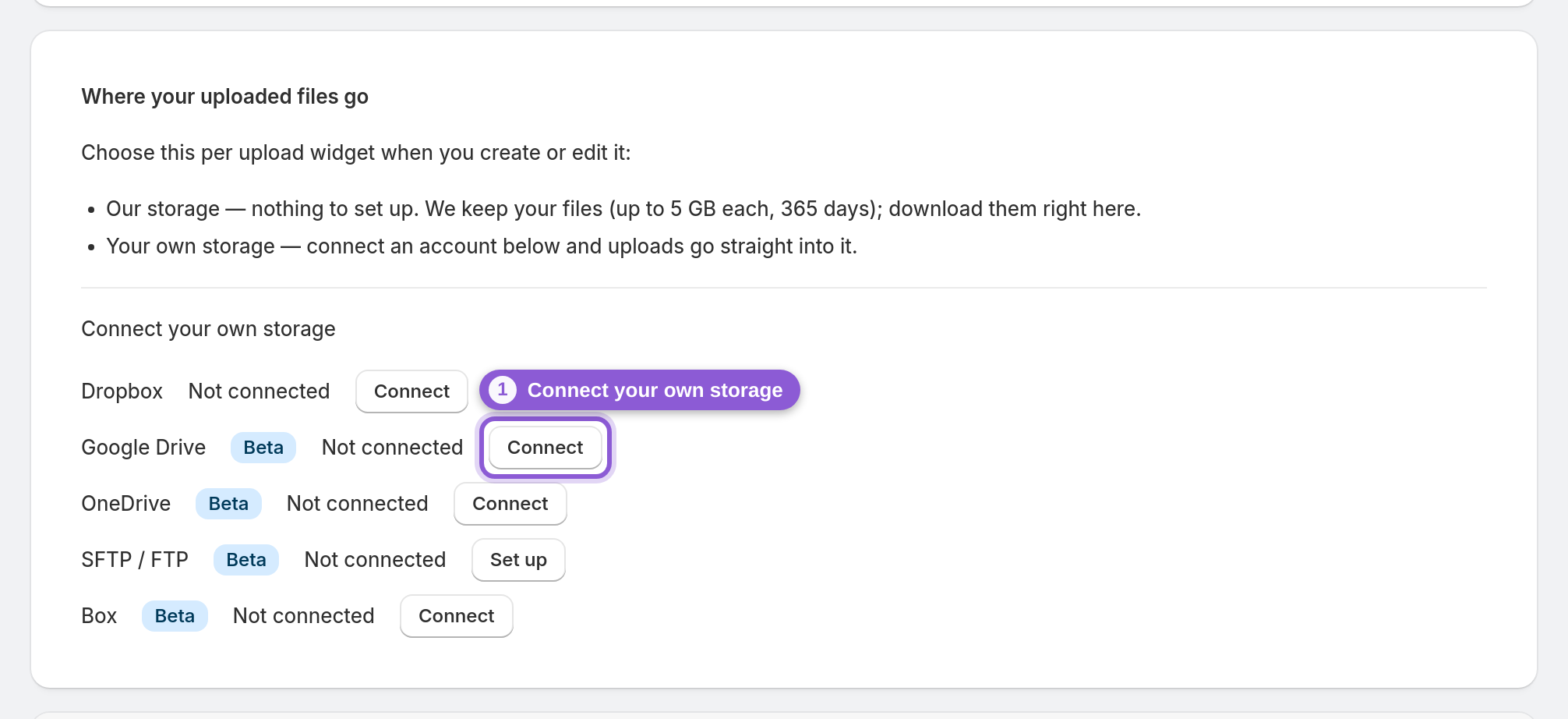 Connect where your files should land — s-button[href*="connect/google-drive"] highlighted