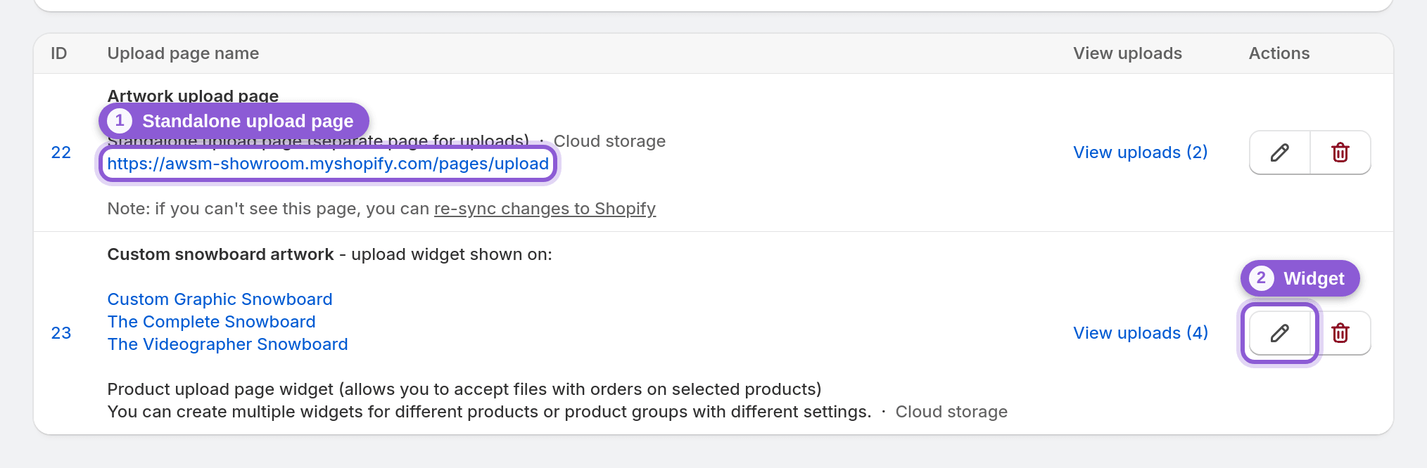 Uploads happen on product pages and the upload page, not at checkout — s-link[target="_blank"], s-button[href*="uploadPage/edit"] highlighted