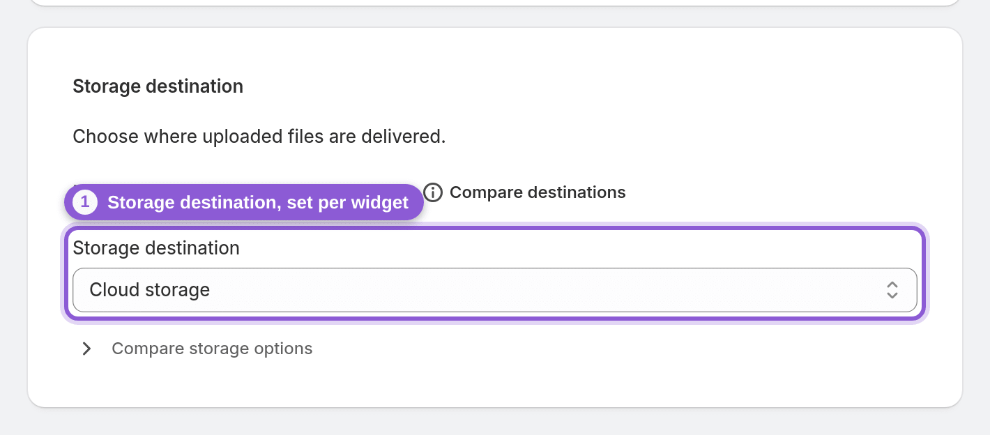 Know the storage destination limits — #upload_page_storageProvider highlighted