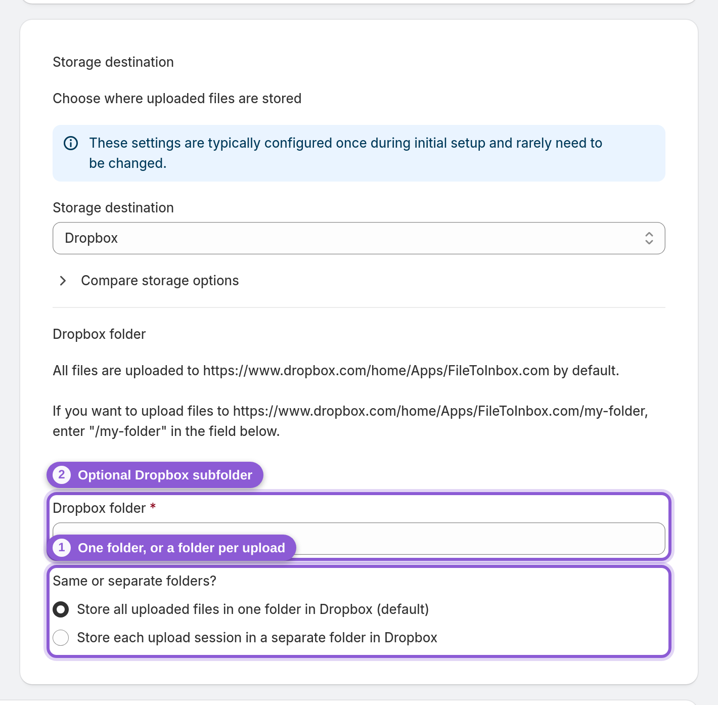 Keep each upload in its own folder — #upload_page_separateFolder highlighted