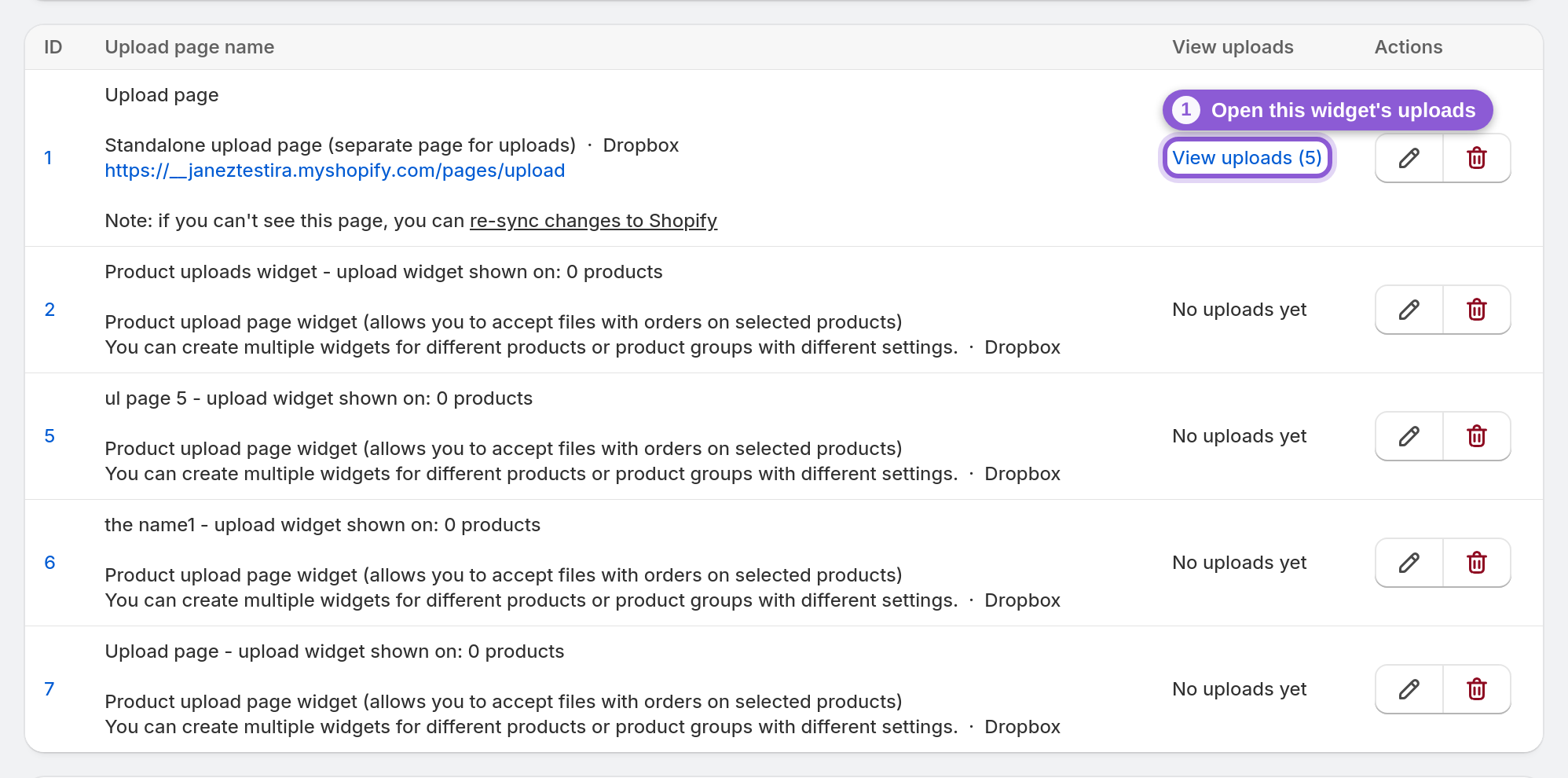 Open a widget's uploads — s-link[href*="uploadPageUploads"] highlighted
