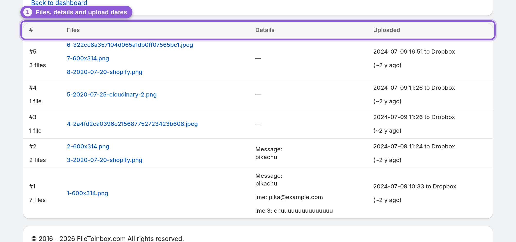 Browse the uploads list — s-table highlighted