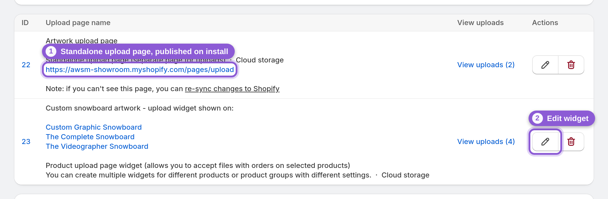 Install the app and get two upload surfaces out of the box — s-link[target="_blank"], s-button[href*="uploadPage/edit/2"] highlighted