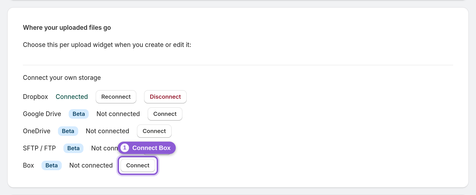 Connect Box on the dashboard — Box row Connect button highlighted