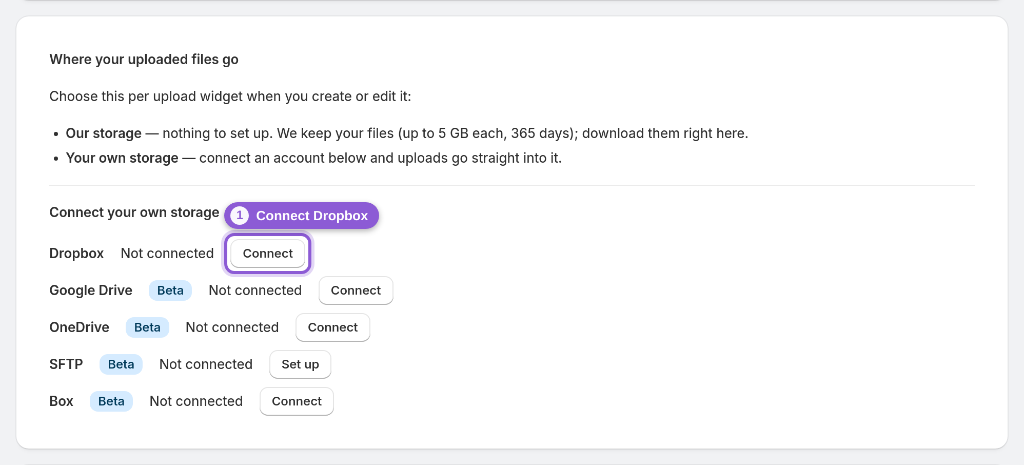 Connect Dropbox on the dashboard — Dropbox row Connect button highlighted