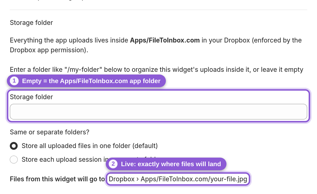Choose the folder inside Apps/FileToInbox.com — #upload_page_dropboxFolder highlighted