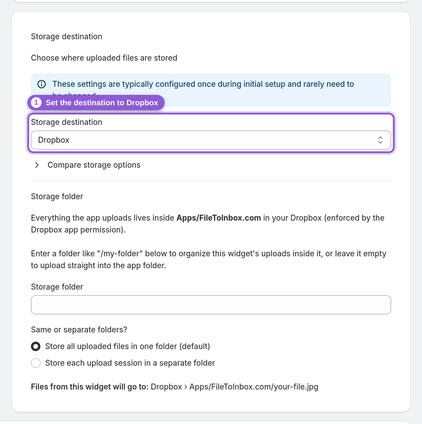Point a widget at Dropbox — #upload_page_storageProvider highlighted