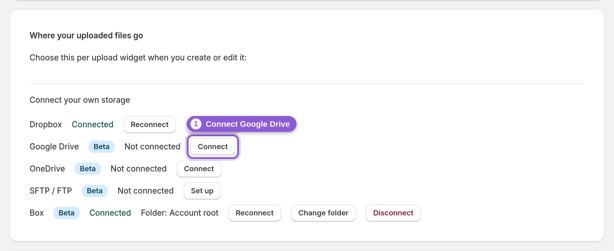 Connect Google Drive on the dashboard — Google Drive row Connect button highlighted