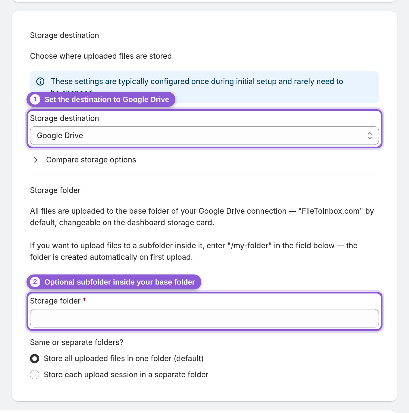 Point a widget at Google Drive — #upload_page_storageProvider highlighted