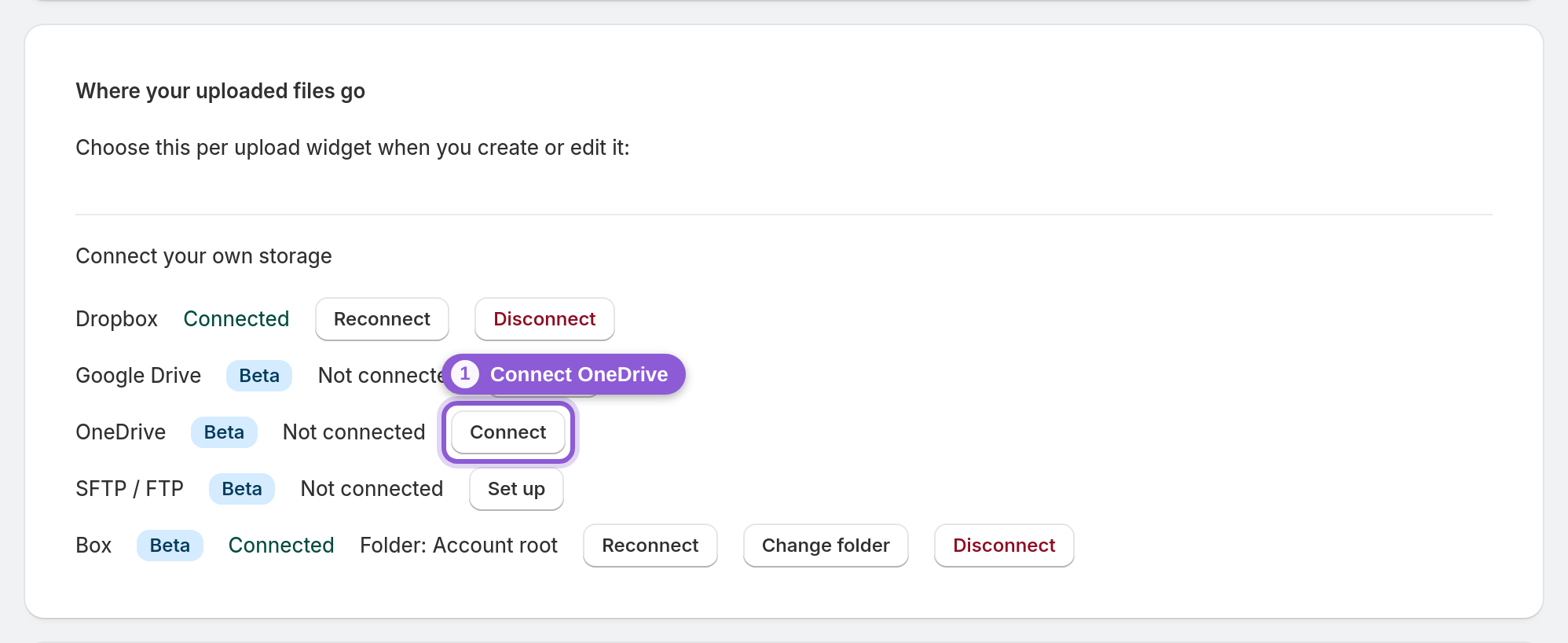 Connect OneDrive on the dashboard — OneDrive row Connect button highlighted