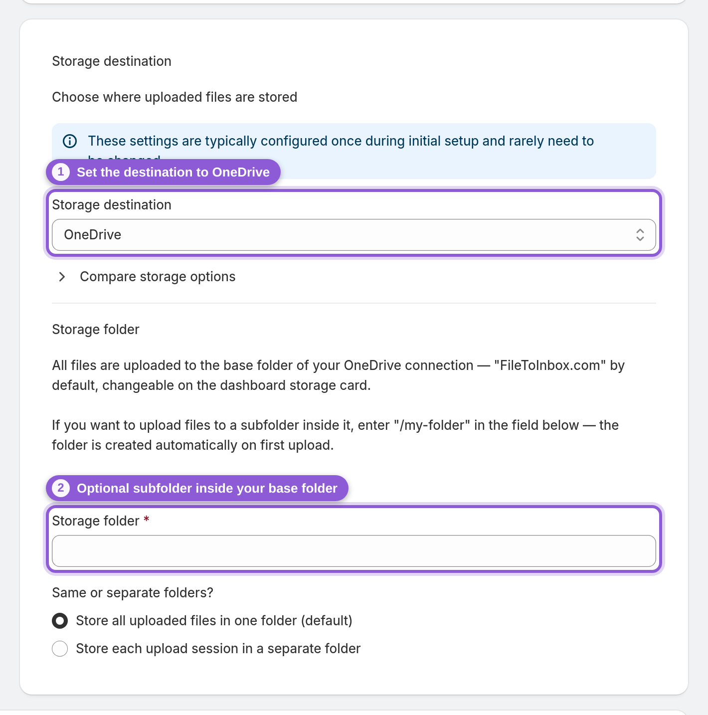 Point a widget at OneDrive — #upload_page_storageProvider highlighted