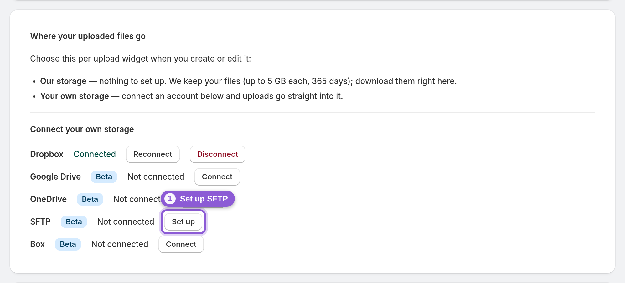 Open the SFTP setup on the dashboard — SFTP row Set up button highlighted