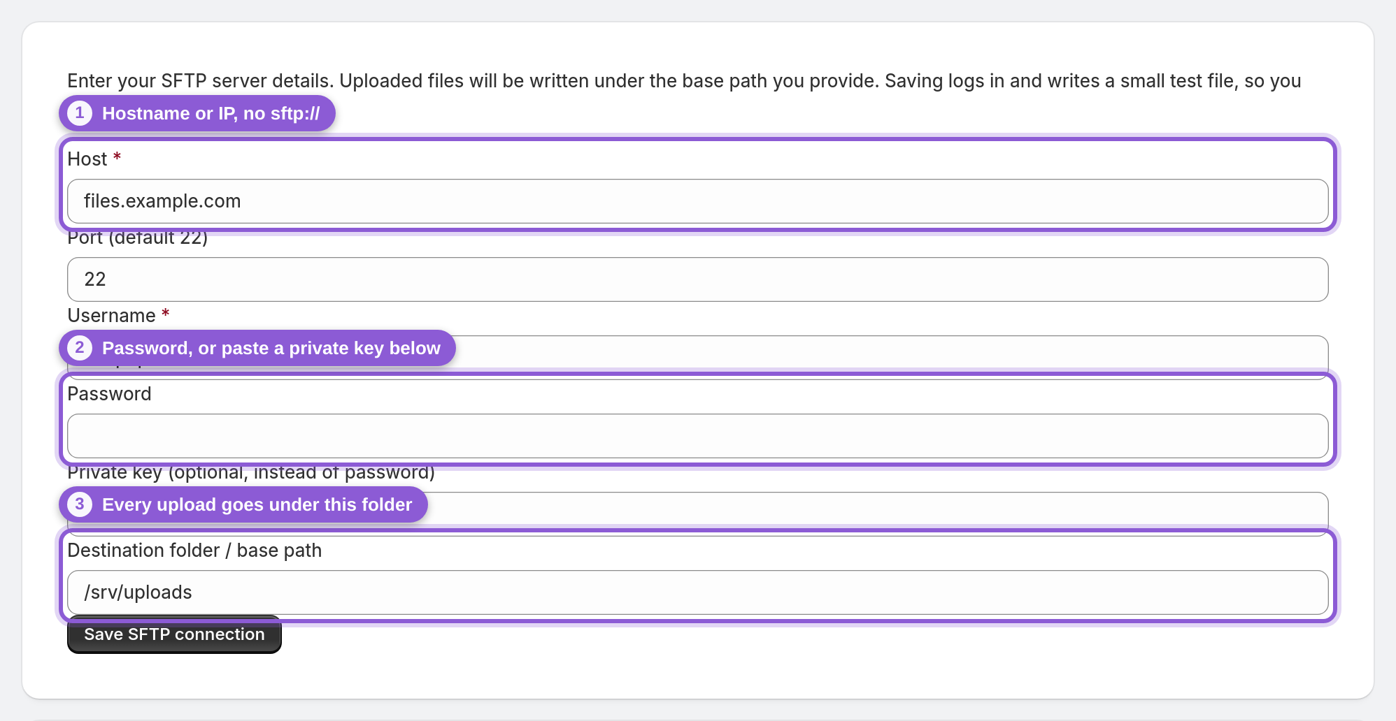 Enter your server details — #form_host, #form_password, #form_basePath highlighted