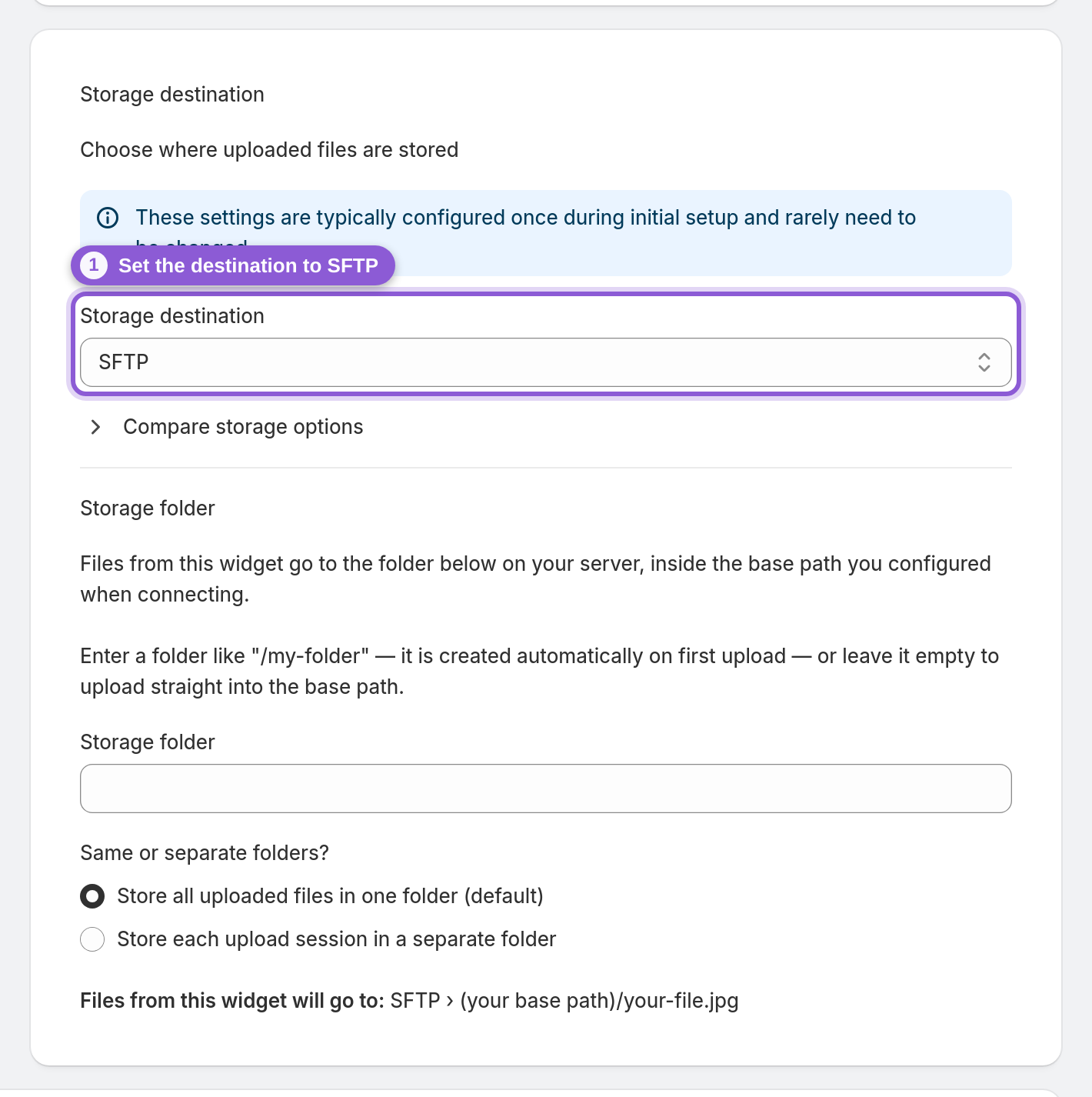 Point a widget at SFTP — #upload_page_storageProvider highlighted
