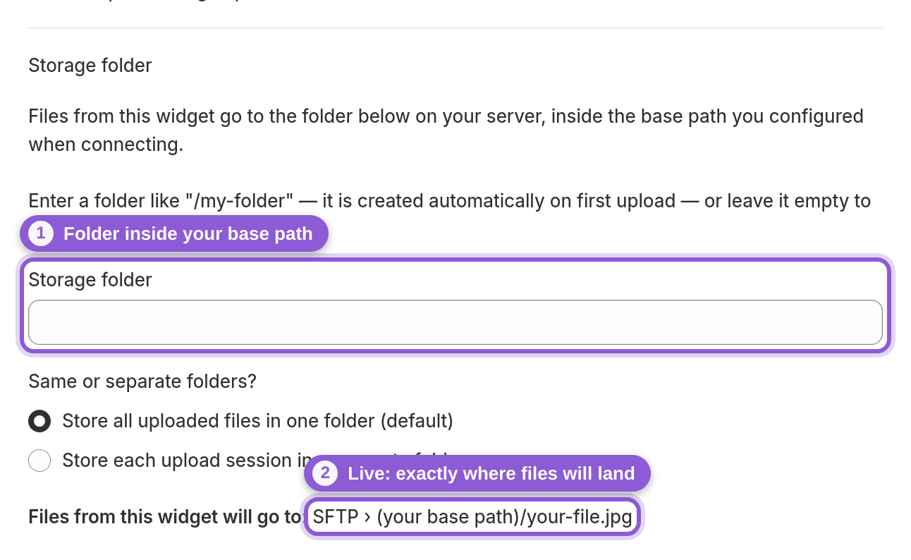 Choose the folder under your base path — #upload_page_dropboxFolder highlighted