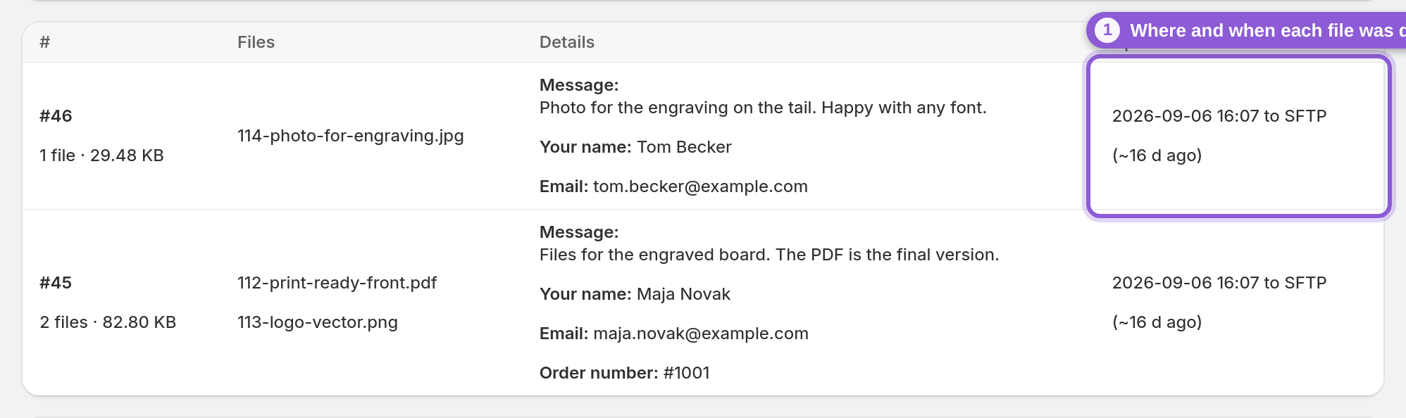 Send a test upload — Uploaded column highlighted