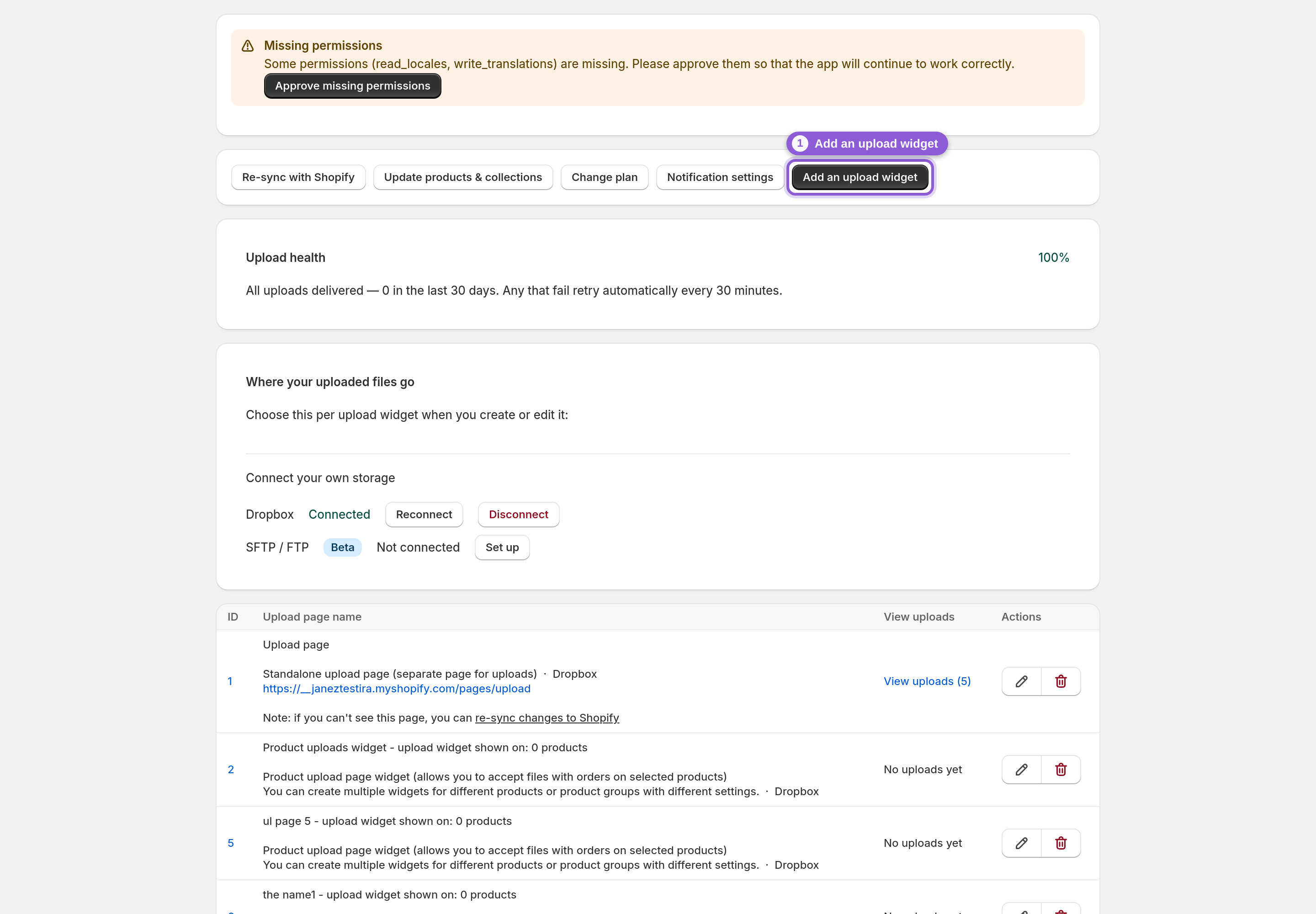 Start a new widget from the dashboard — s-button[href*="uploadPage/new"] highlighted