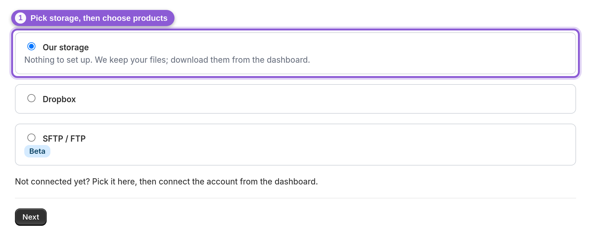Choose storage and which products in the quick wizard — .wizard-opt highlighted