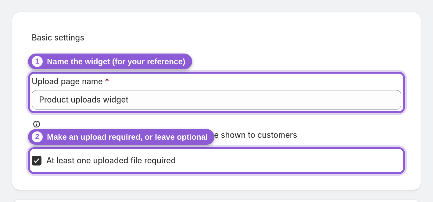 Name the widget and make uploads required (or optional) — #upload_page_name, #upload_page_shopifyRequired highlighted