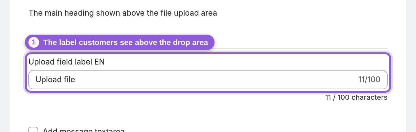 Set the customer-facing upload label — #upload_page_shopifyUploadLabel_en highlighted
