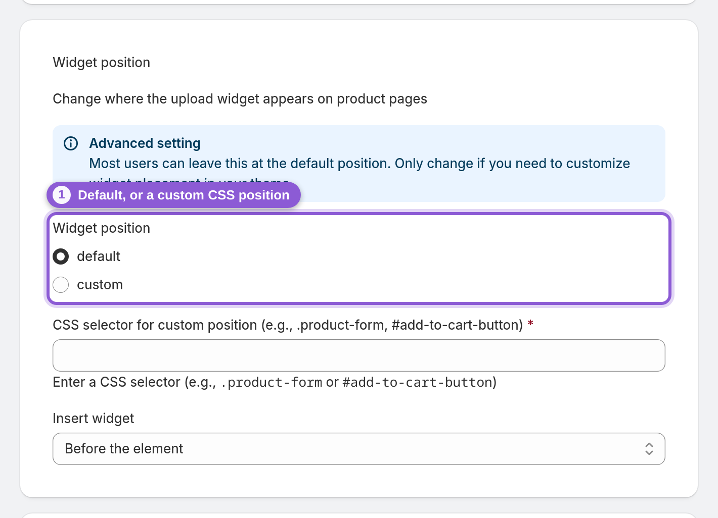 Position the widget on the product page — #section-widget highlighted
