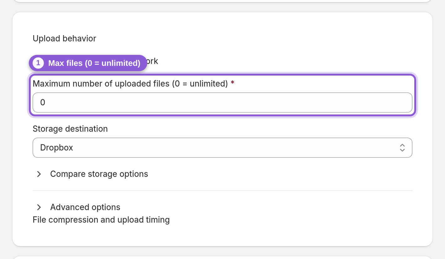 Set file limits, save, and it's live — #upload_page_maxNumberOfFiles highlighted