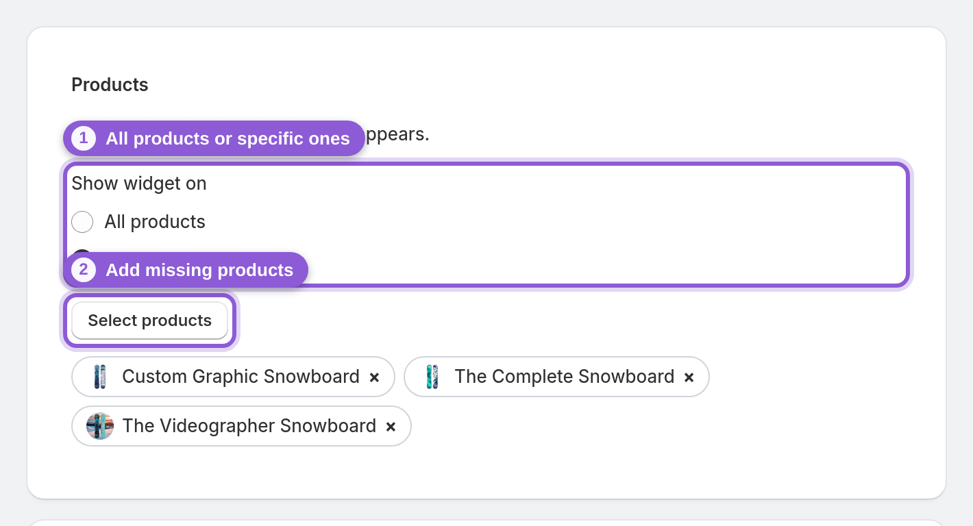 Check the product is in the widget's selection — #upload_page_productSelectionMode, #select-products-btn highlighted