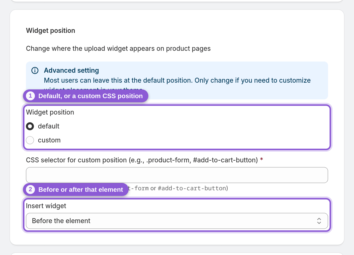 Set a custom position with a CSS selector — #upload_page_widgetElementPosition, #upload_page_widgetInsertMethod highlighted